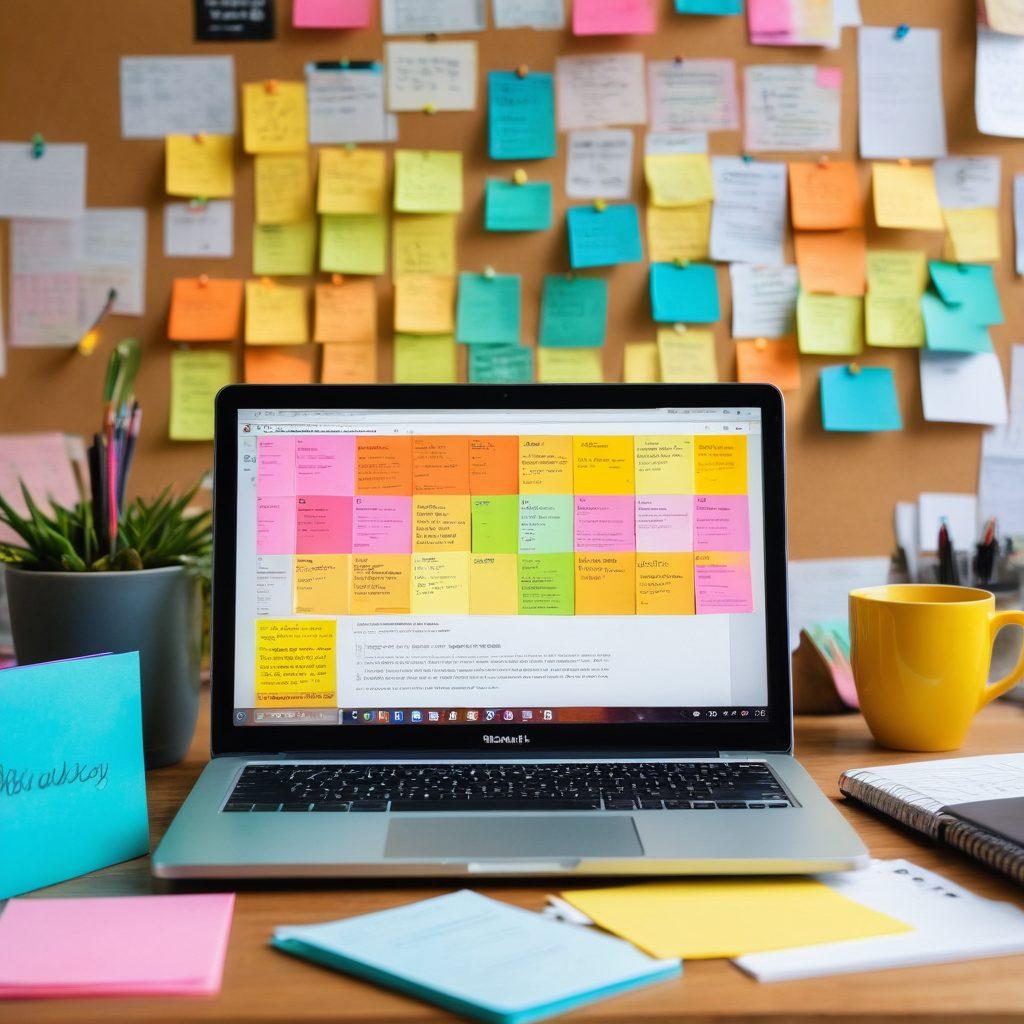 A vibrant workspace showcasing a laptop with a dynamic blog layout on the screen, surrounded by colorful notebooks, a steaming coffee cup, and coding snippets on sticky notes. In the background, a corkboard with pinned tips and motivational quotes illuminates the scene. The overall mood is creative and inspiring, reflecting the essence of blogging and web development. super-realistic. bright colors. creative atmosphere.