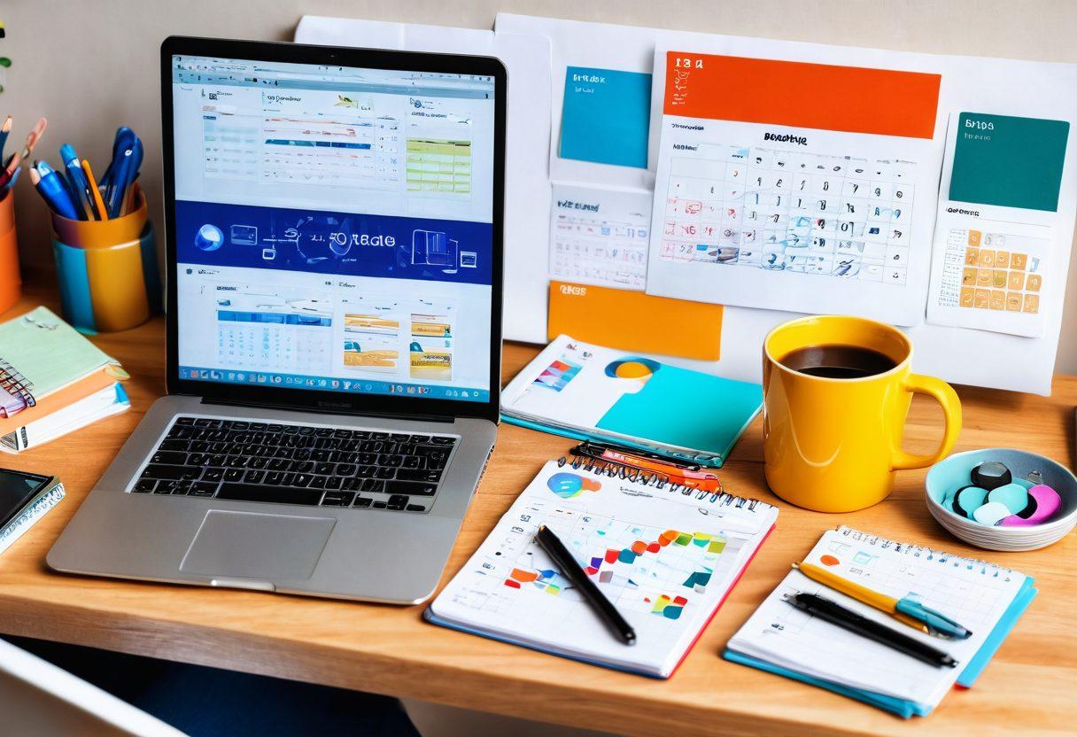 A creative workspace with essential blogging tools like a laptop, notepad, and colorful stationery, surrounded by digital elements such as social media icons and analytics graphs. The setting should evoke inspiration and productivity, with a calming color palette. Include a calendar marked with 2023 highlights and coffee cup to symbolize ideas brewing. super-realistic. vibrant colors. bright background.