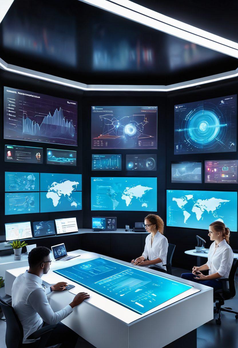 A futuristic workspace with a glowing digital interface displaying various content management tools and strategies. Include a diverse group of engaged individuals brainstorming ideas while surrounded by holographic screens with analytics and graphs. The atmosphere should be energetic and innovative, showcasing a blend of technology and teamwork. super-realistic. vibrant colors. 3D.